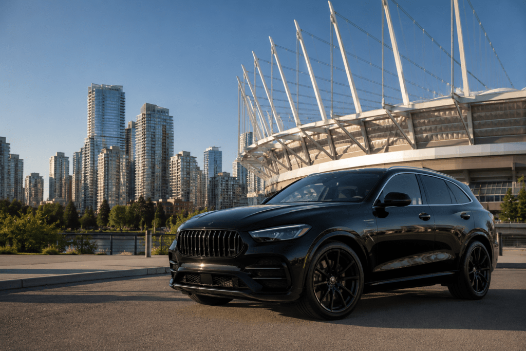 Luxury SUV with stadium and skyline