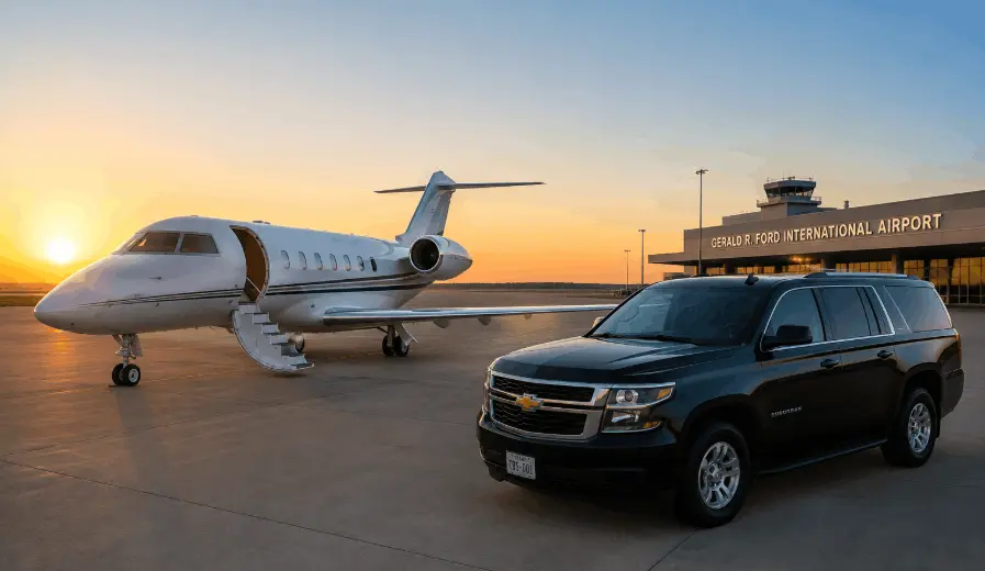 black Suburban waiting nearby, Gerald R. Ford International Airport signage visible in the background